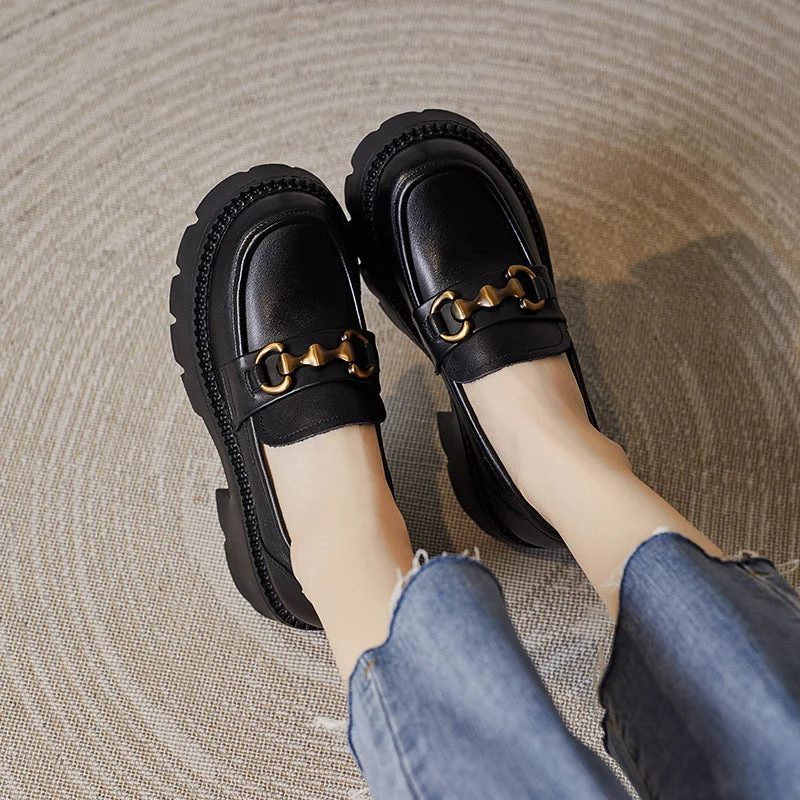 Orthopedic Women's Loafers with Arch Support in Brown for Foot HealthWomen Retro Leather Chain Chunky Wedge Loafers Orthopedic Women's Loafers with Arch Support in Brown for Foot HealthWomen Retro Leather Chain Chunky Wedge Loafers