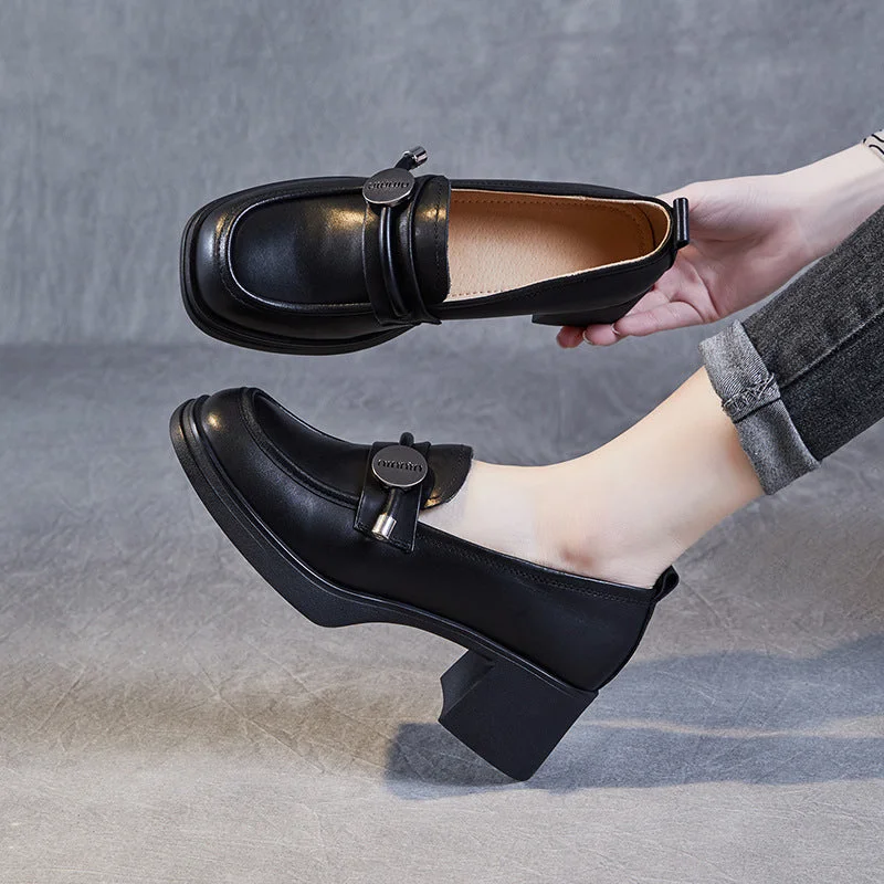 Slip - Resistant Women's Rubber - Sole Loafers in Navy for Wet ConditionsWomen Minimalist Casual Leather Chunky Heel Loafers