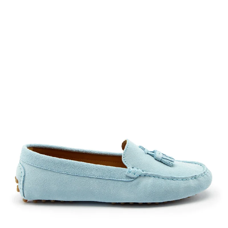 Women's Metallic Foil - Finish Loafers in Gold for a Glamorous Night OutWomen's Tasselled Driving Loafers, sky blue suede Women's Metallic Foil - Finish Loafers in Gold for a Glamorous Night OutWomen's Tasselled Driving Loafers, sky blue suede