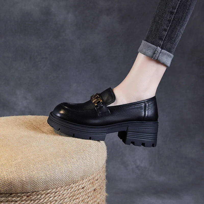 Women's Premium Leather Tassel Loafers in Dark Brown for a Classic Office LookWomen Stylish Metal Buckle Leather Thick Soled Loafers