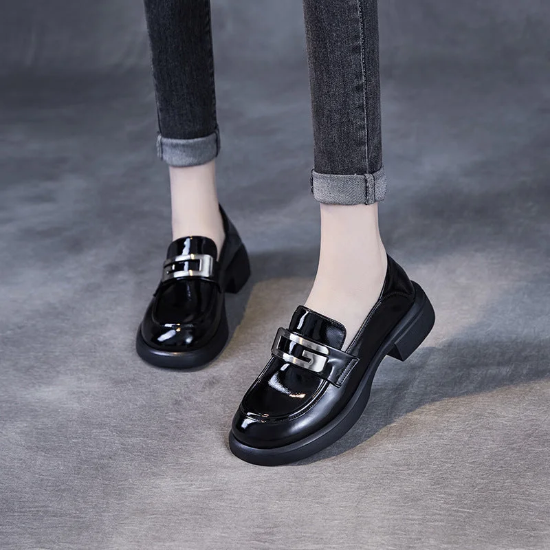 Slip - Resistant Women's Rubber - Sole Loafers in Navy for Wet ConditionsWomen Solid Glossy Leather Low Block Loafers Slip - Resistant Women's Rubber - Sole Loafers in Navy for Wet ConditionsWomen Solid Glossy Leather Low Block Loafers