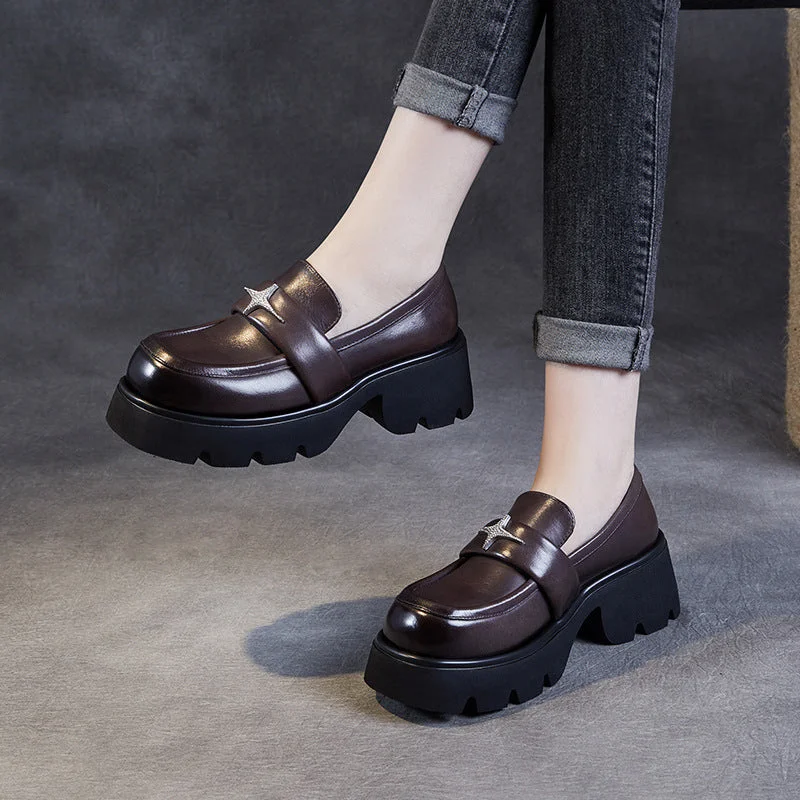 Waterproof Women's Loafers in Black for Rainy DaysWomen Retro Leather Platform Casual Loafers