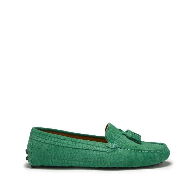 Slip - Resistant Women's Rubber - Sole Loafers in Navy for Wet ConditionsWomen's Tasselled Driving Loafers, emerald embossed suede