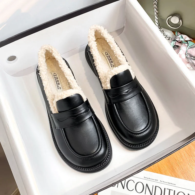 Shock - Absorbing Women's Loafers in Gray for Active LifestylesWomen Retro Winter Furred Casual Loafers Shock - Absorbing Women's Loafers in Gray for Active LifestylesWomen Retro Winter Furred Casual Loafers