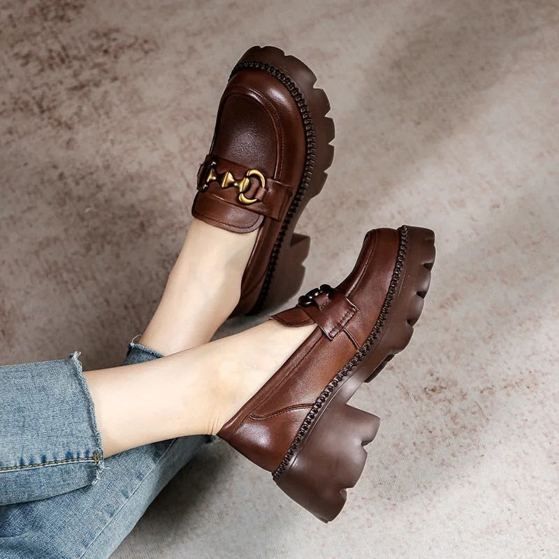 Slip - Resistant Women's Rubber - Sole Loafers in Navy for Wet ConditionsWomen Retro Leather Thick Wedge Loafers Slip - Resistant Women's Rubber - Sole Loafers in Navy for Wet ConditionsWomen Retro Leather Thick Wedge Loafers