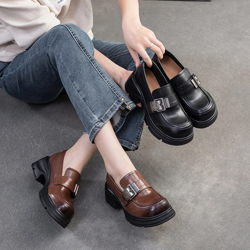 Sustainable Women's Recycled Material Loafers in Gray for Eco - Conscious ShoppersWomen Retro Buckle Leather Chunky Heel Loafers Sustainable Women's Recycled Material Loafers in Gray for Eco - Conscious ShoppersWomen Retro Buckle Leather Chunky Heel Loafers