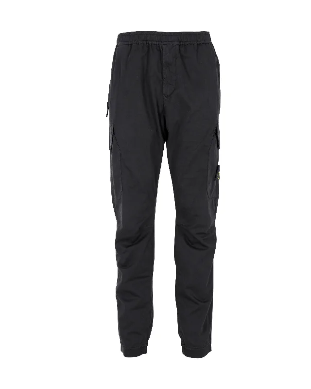 Stone Island Elastic Waist Tapered Cargo Pants in Black Cotton