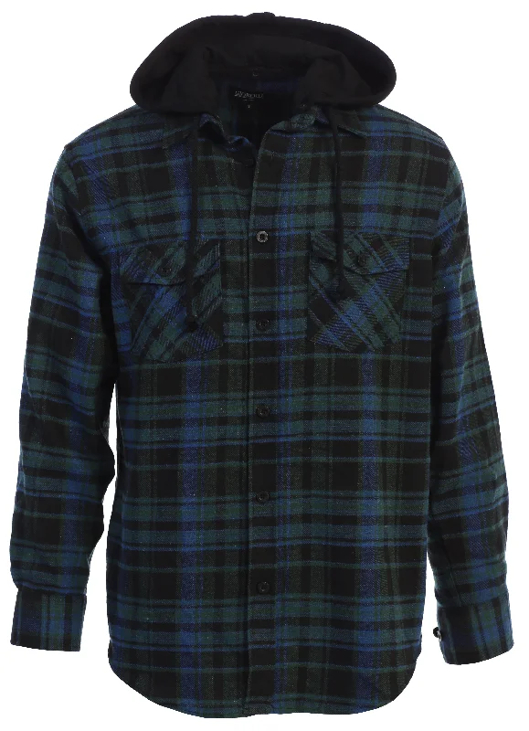 Gioberti Men's Black / Green / Royal Blue Removable Hoodie Plaid Checkered Flannel Button Down Shirt