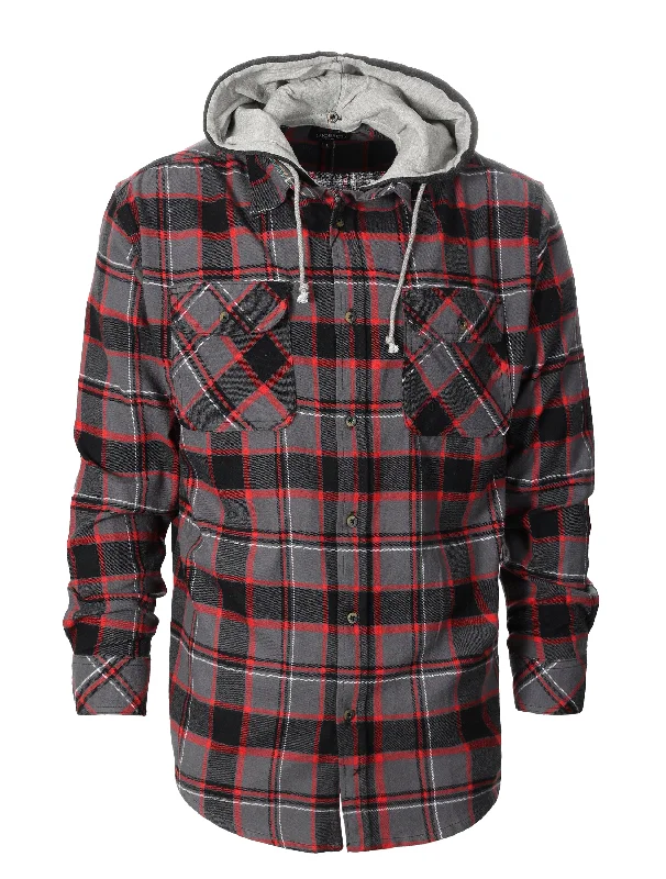 Gioberti Men's Charcoal / Red Removable Hoodie Plaid Checkered Flannel Button Down Shirt