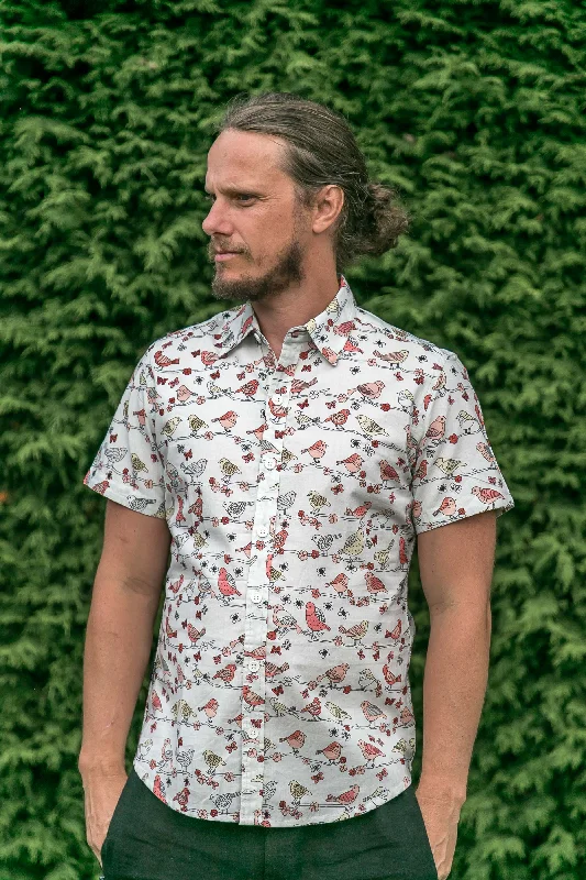 Birds Floral Blue Cotton Slim Fit Mens Shirt Short Sleeve