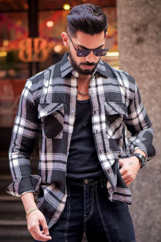 Black White Check Double Pocket Flannel Shirt