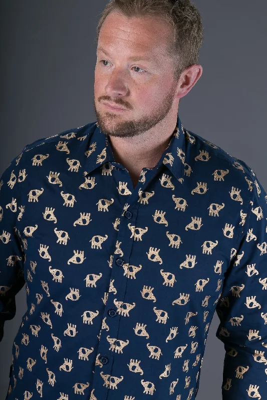 Blue Gold Elephant Print Cotton Slim and Regular Fit Mens Shirt Long Sleeve