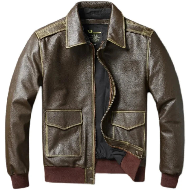 Casual Genuine Cowhide Leather Retro Style Bomber Jacket for Men