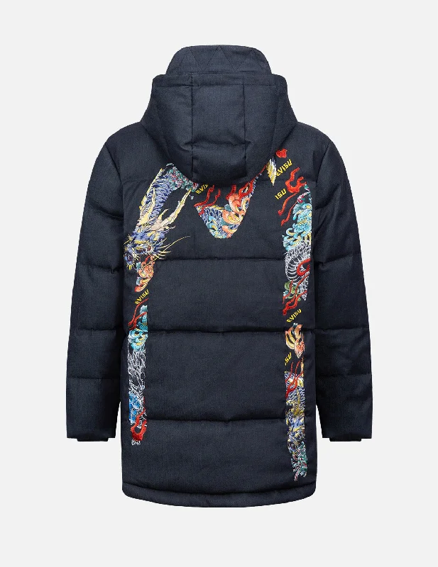 Dragon Motif Daicock Embroidery Reactive Denim Down Coat