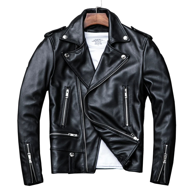 Fashion Genuine Sheepskin Leather Motorcycle Short Jacket for Men