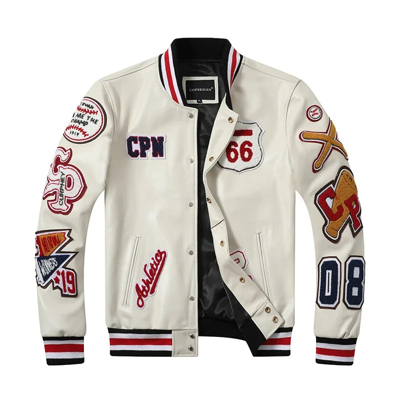 Genuine Leather Letter Flocking Embroidered Motorcycle Hip-hop Bomber Jacket