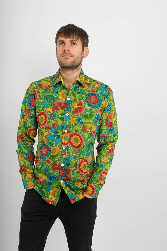 Green Multi Coloured Floral Print Cotton Slim Fit Mens Shirt Long Sleeve