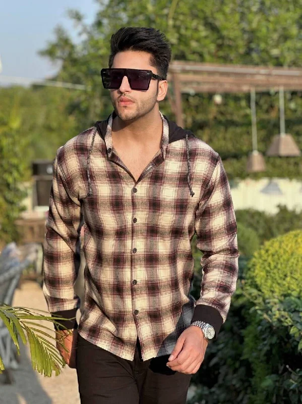 Brushed  Black Maroon Hooded Flannel Shirt