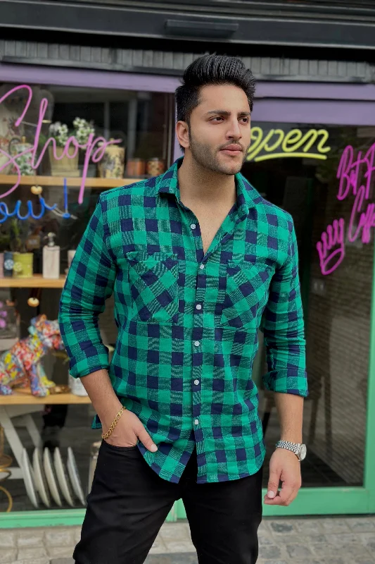 Brushed  Double Pocket Green Flannel Shirt