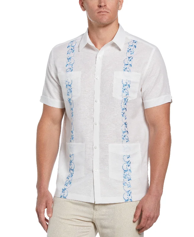 Linen Blend Contrast Embroidery Guayabera Shirt