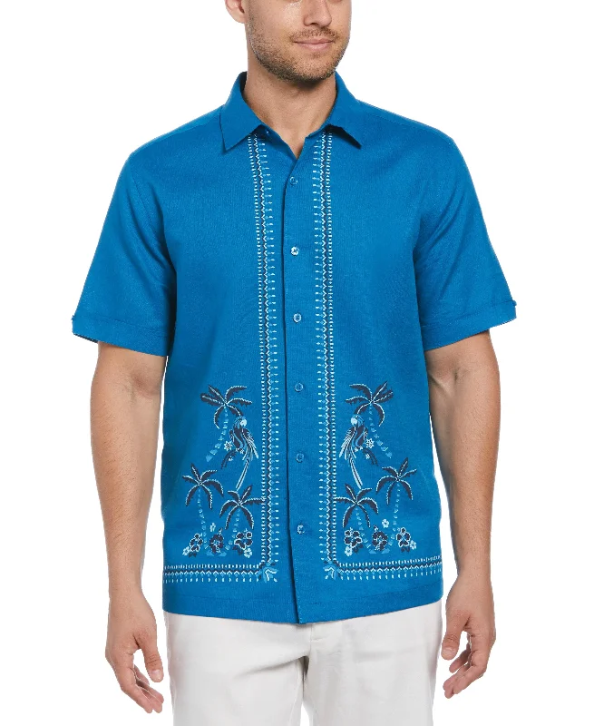 Linen Blend L-Shape Parrot Palm Print Shirt