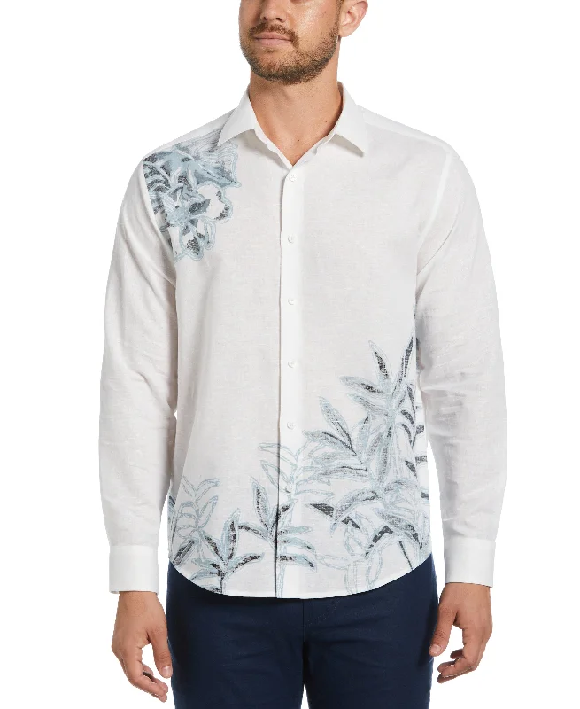 Linen Blend Reverse Asymmetric Placement Print Shirt