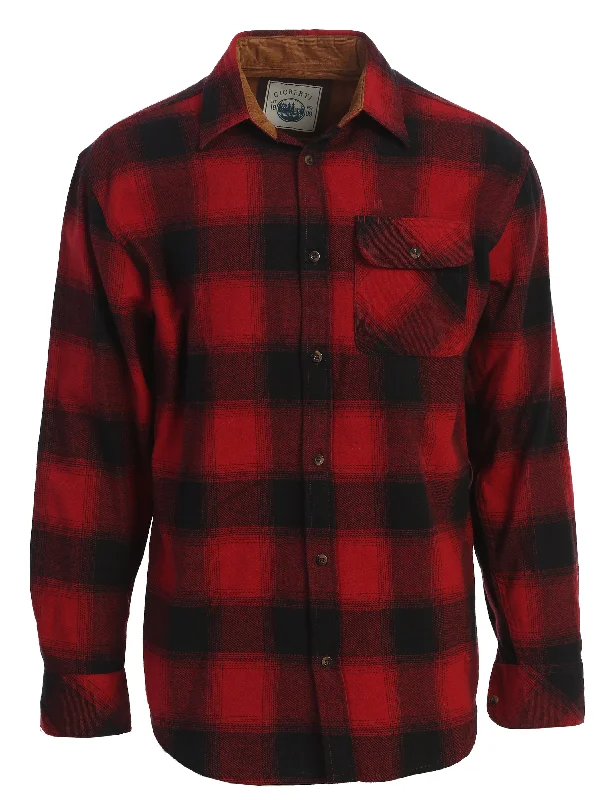 Gioberti Men's Black / Red Gradient 100% Cotton Brushed Flannel Plaid Checkered Shirt with Corduroy Contrast