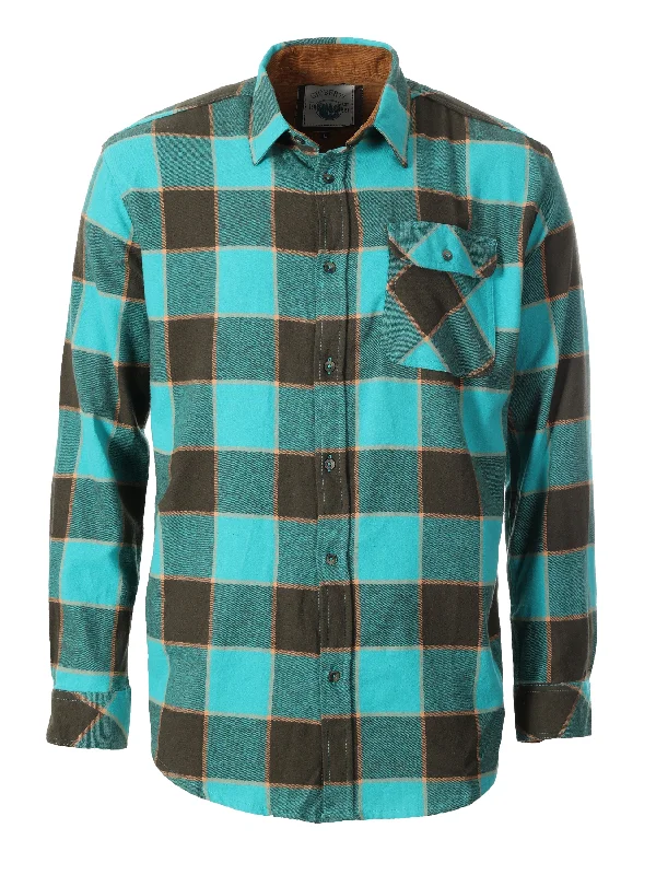 Gioberti Men's Aqua / Brown / Orange 100% Cotton Brushed Flannel Plaid Checkered Shirt with Corduroy Contrast