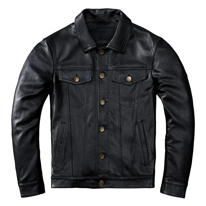 Men's Black Genuine Cowhide Leather Single Breasted Casual Short Jacket