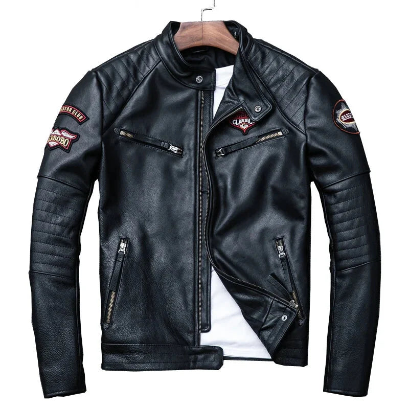 Men's Genuine Cowhide Leather Stand Collar Slim Fit Motorcycle Jacket