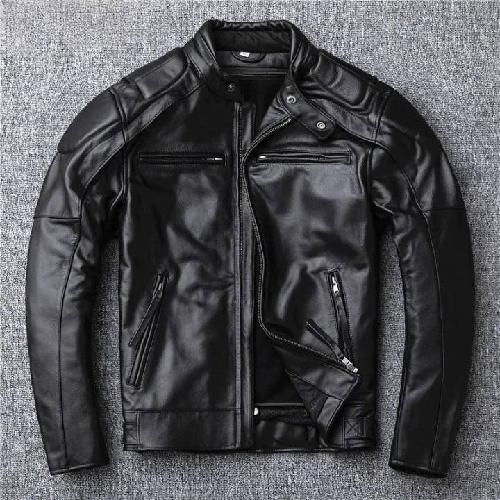 Men's Winter Cowhide Genuine Leather Standing Collar Motorcycle Jacket