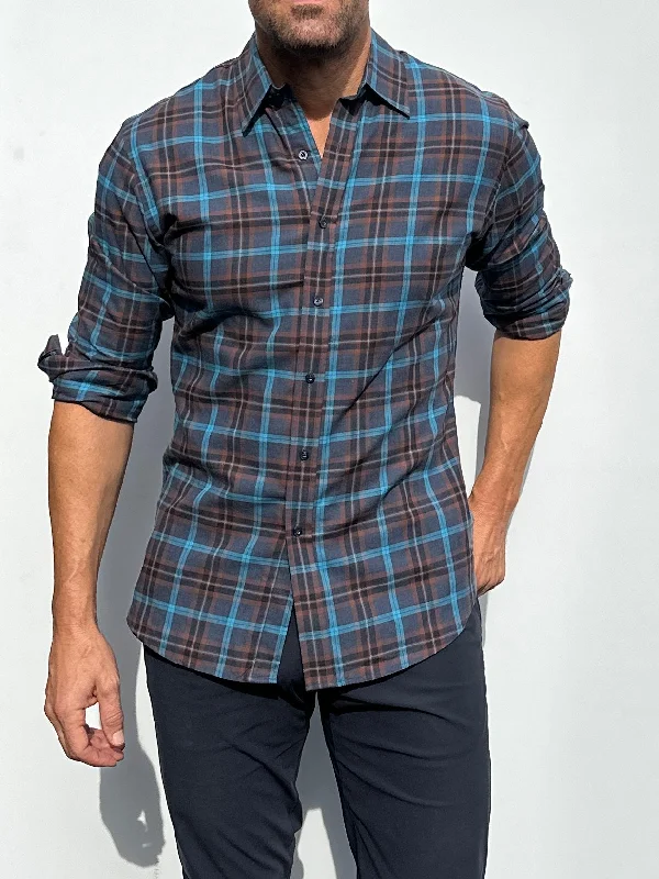 Navy, Aqua & Rust Plaid Flannel- Small Batch #460