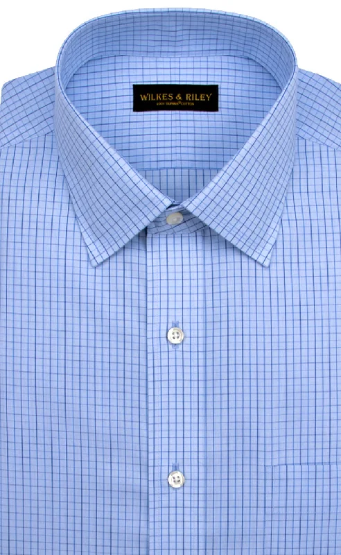 Tailored Fit Light Blue Ground Navy Check Spread Collar  Supima® Cotton Non-Iron Broadcloth