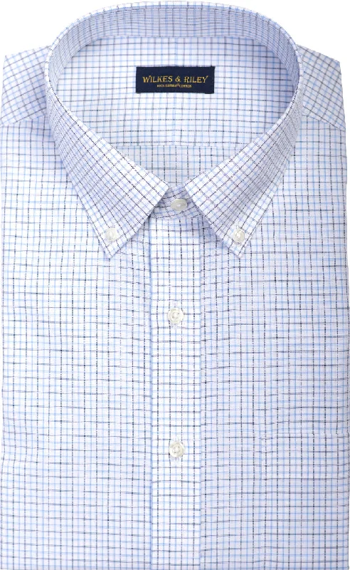 Slim Fit Sky / Navy Poplin Check Button Down Collar Supima® Cotton Non-Iron Dress Shirt