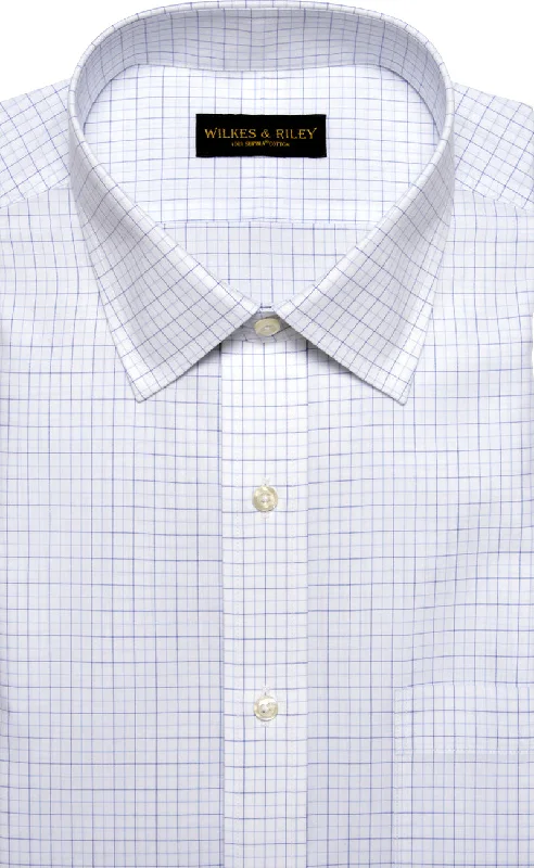 Slim Fit White Ground Navy / Lt Blue Tattersall Spread Collar  Supima® Cotton Non-Iron Broadcloth