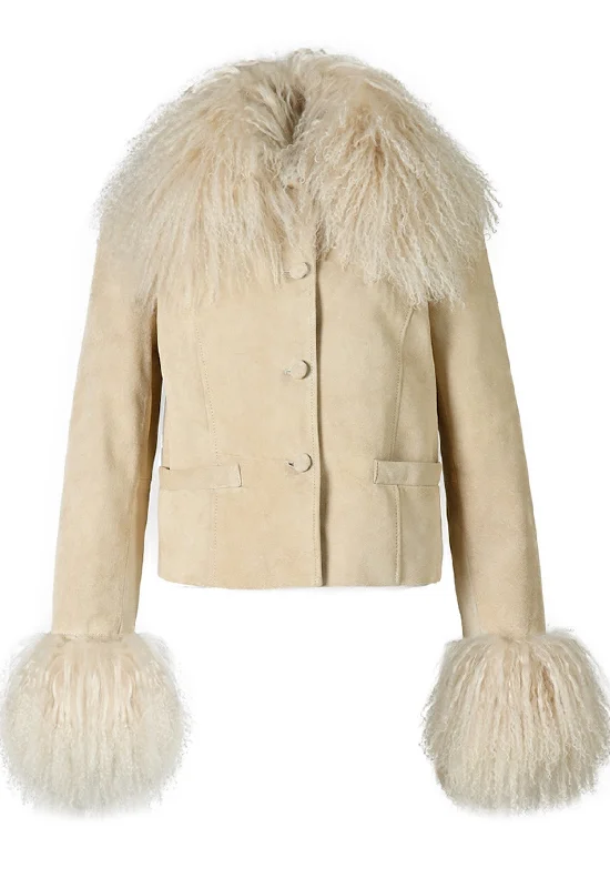 AGATHE Suede Leather Jacket with Detachable Mongolian Fur