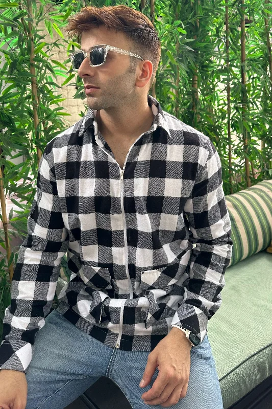 White Black Checked Zipper Flannel Shirt