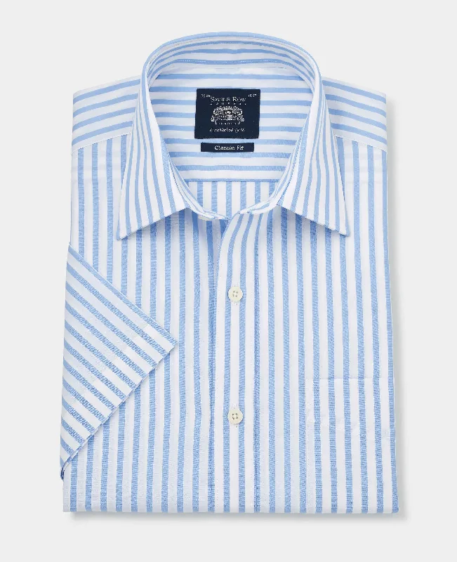 Sky Blue Classic Fit Short Sleeve Striped Shirt