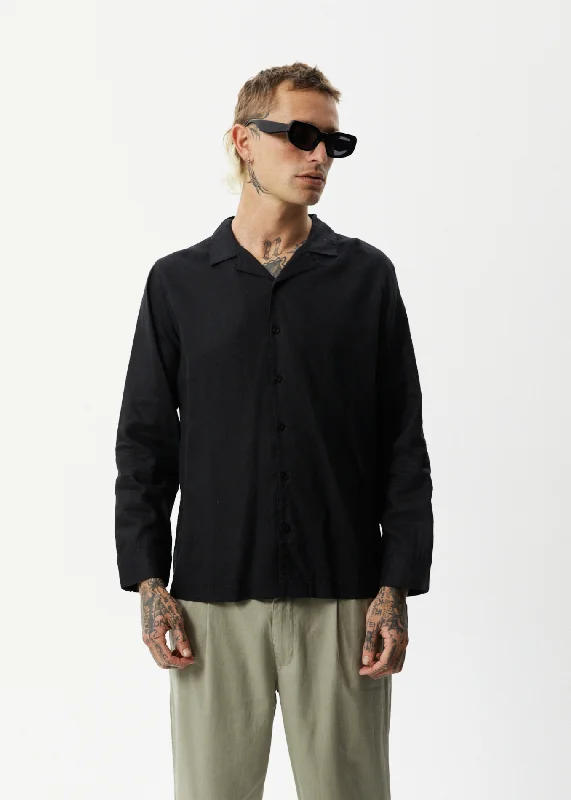 AFENDS Mens Critical - Cuban Long Sleeve Shirt - Black