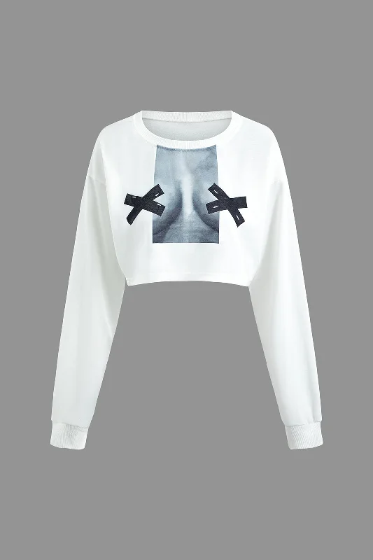 Body Print Round Neck Long Sleeve Crop Top