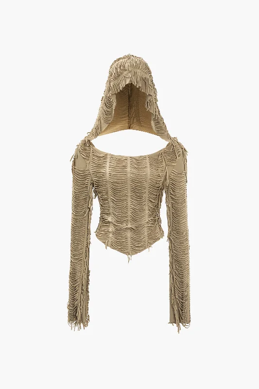 Solid Fringe Long-Sleeve Hooded Top