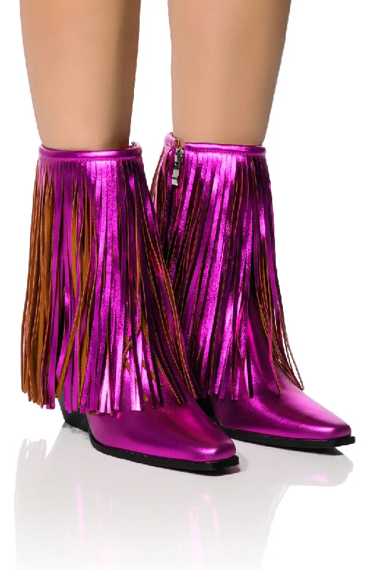 Women's Knee - High Lace - Up Boots in Brown with Buckle Accents for a Western VibeAZALEA WANG SCARLETT METALLIC CHUNKY BOOTIE IN FUCHSIA Women's Knee - High Lace - Up Boots in Brown with Buckle Accents for a Western VibeAZALEA WANG SCARLETT METALLIC CHUNKY BOOTIE IN FUCHSIA
